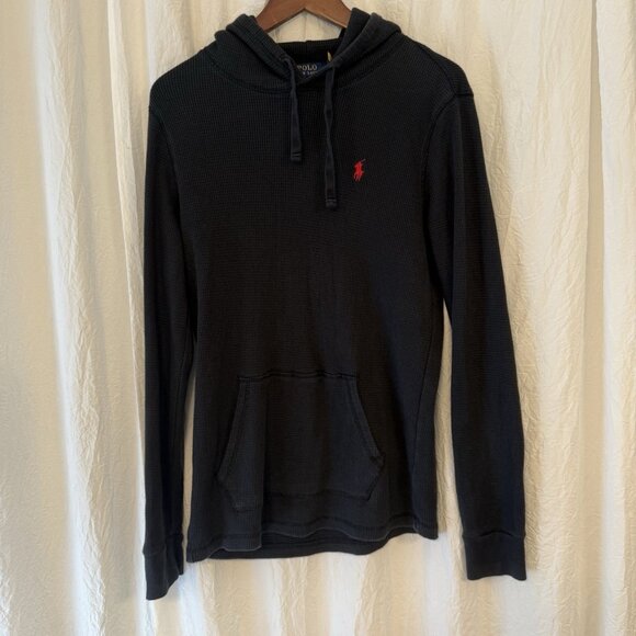 Vtg Polo Ralph Lauren Thermal Hoodie Men's M Blue Waffle Knit Kangaroo Pocket - Picture 1 of 8